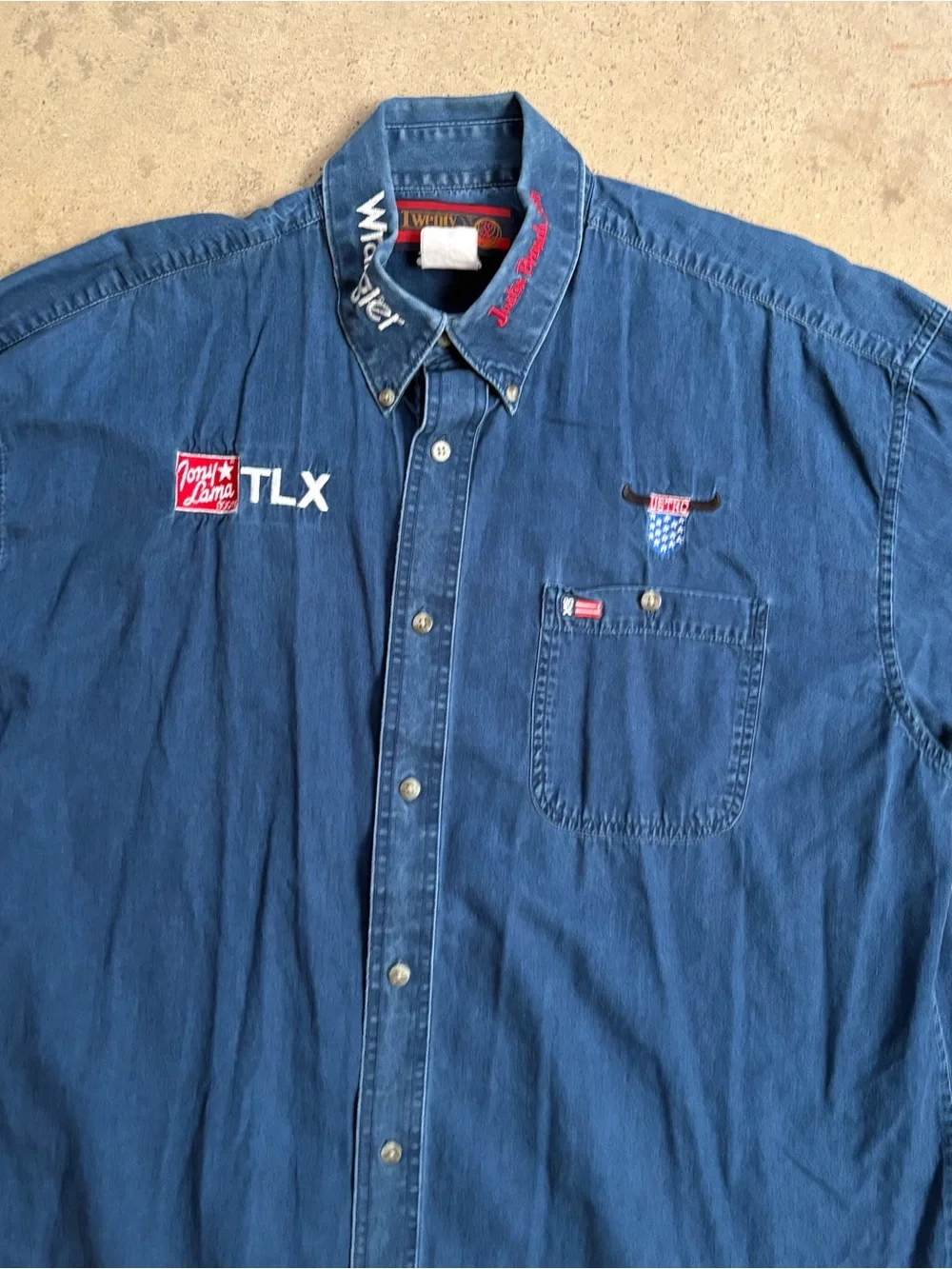 Vintage Twenty-X Wrangler Indigo Denim Rodeo Shirt Men's Large Embroidered Logos